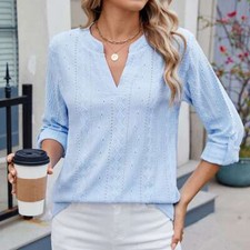 Women's 3/4 Sleeve V-Neck T-Shirt Summer Casual Solid Color Loose Tops Blouse US