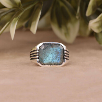Blue Labradorite Ring 925 Silver Ring Signet Mens Ring Promise Ring GIft Him