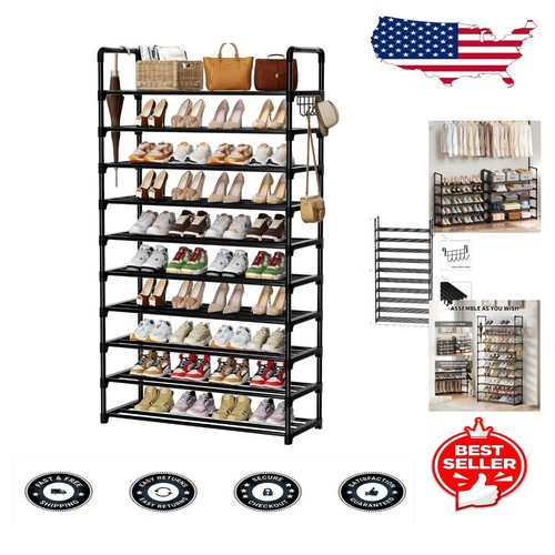 Metal 10-Tier Shoe Storage Organizer - Holds 40-45 Pairs with Accessories Hooks