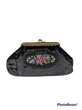 Vintage Petit Point Needlepoint Roses Kisslock Clutch Pouch