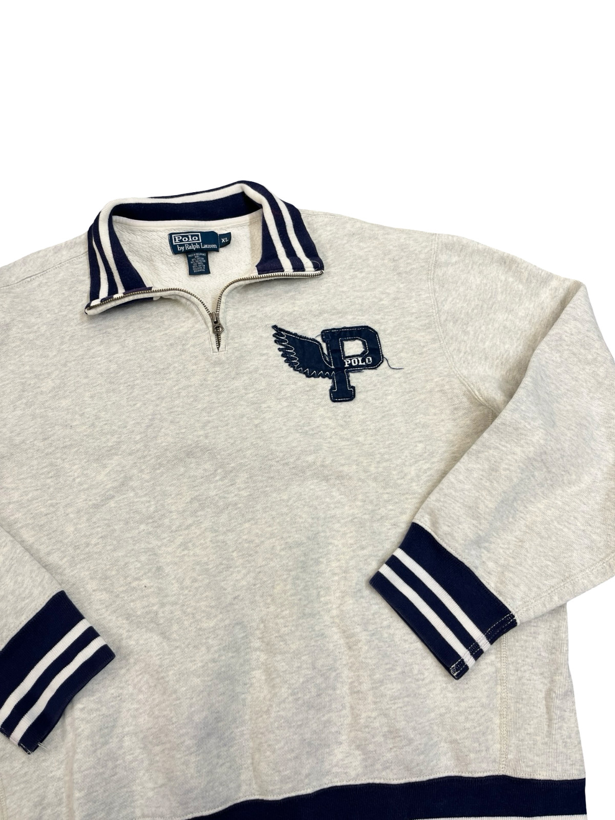 Vintage Polo Ralph Lauren P Wing 1/4 Zip Sweatshirt XL Gray Navy Varsity 90s