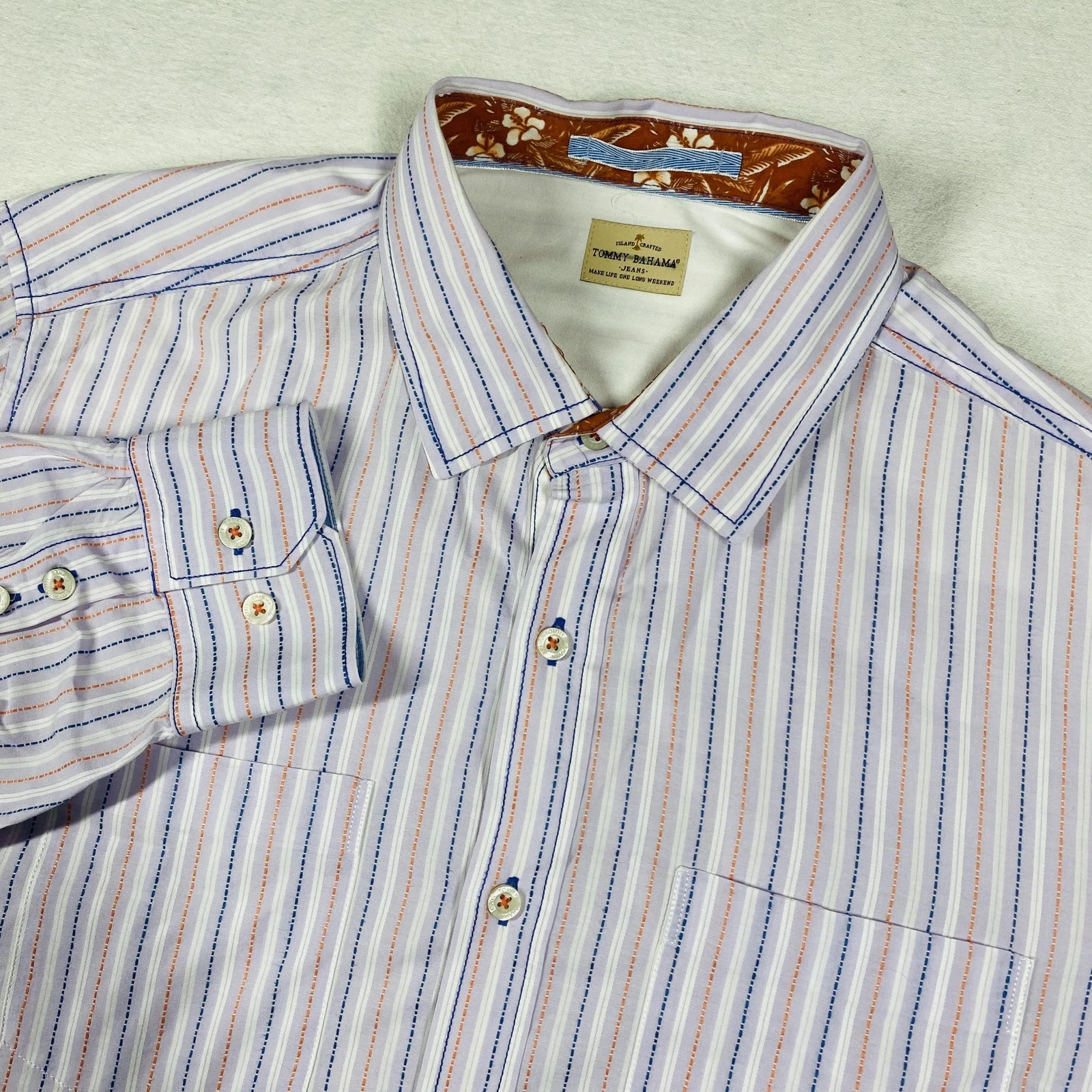 Tommy Bahama Shirt Mens Large Purple Blue Stripe Cotton Button Up Casual Pocket