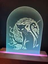 Engraved Black Cat 7 color LED Light Up Acrylic Halloween Decor USB Wood Base