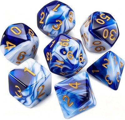 QMAY DND Dice Set  7Pcs Blue Mix White Polyhedral Dice with Black Dice Bag