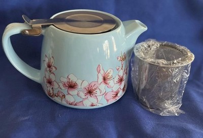 Alfred Ceramic Teapot Blue w Pink/White Cherry Blossom SS Hinged Lid Tea Infuser
