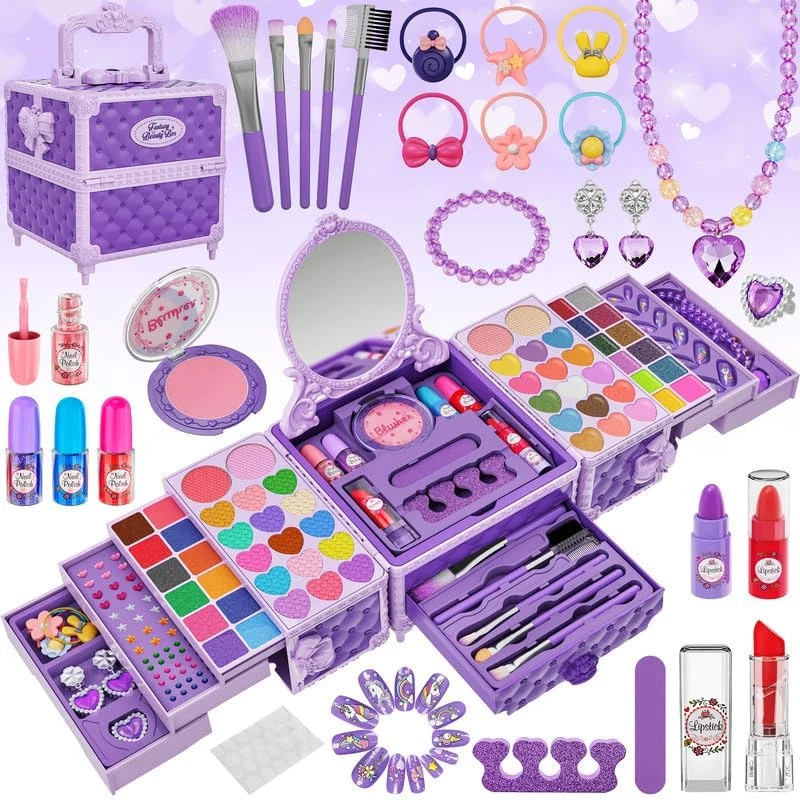 99 Pcs Kids Makeup Kit for Girls, Princess Toys Real Washable Cosmetics Set with