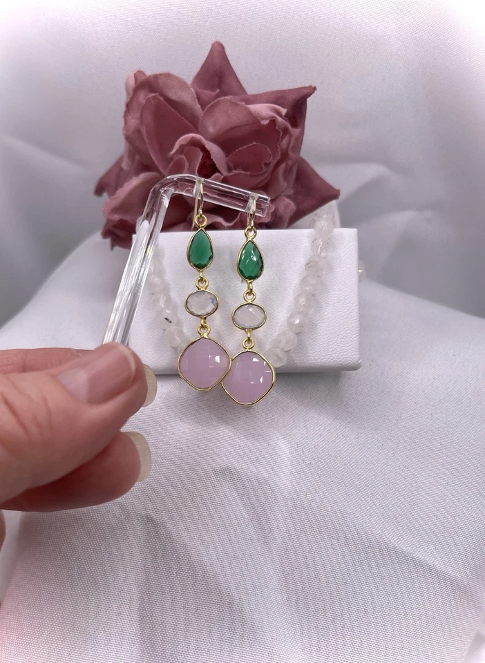 Pink Chalcedony Tourmaline Earrings Briolette 14K Gold Filled Drop SIMULATED - Image 2 of 4
