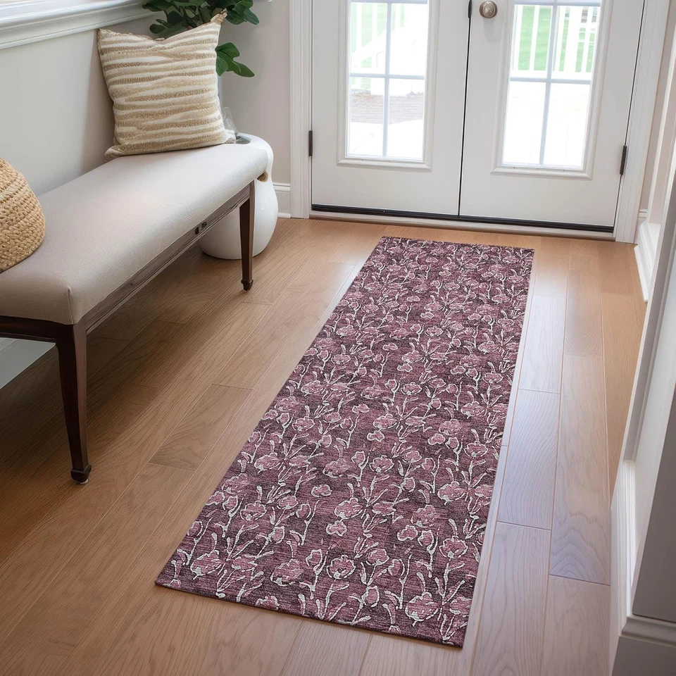Merlot 2'3" x 7'6" Machine Washable Runner Rug - Indoor Outdoor Floral Charm - Image 4 of 4