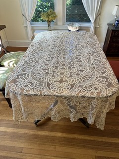 Antique Ecru Needle Tape Lace 60” x 110” Victorian Banquet Holiday Tablecloth