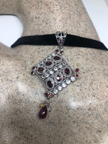 Gargantilla de granate bohemio vintage collar colgante de plata de ley 925 - Imagen 1 de 5