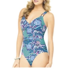 SPANX Assets by Sara Blakely Aqua Blue Pink Paisley One Piece Swimsuit MEDIUM
