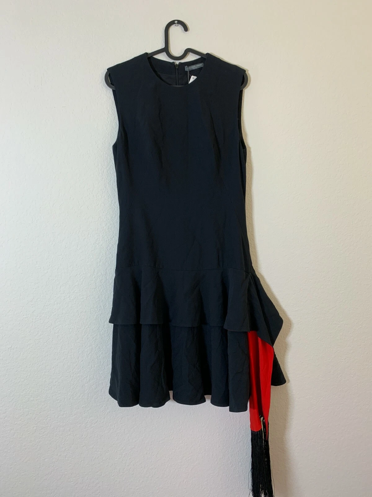 NUOVO ALEXANDER MCQUEEN Mini abito nero drappeggiato a strati in crepe taglia 42