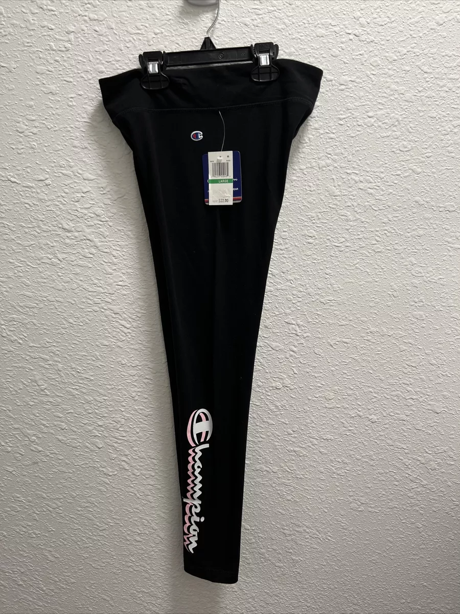 Champion Big Girls Script Logo Leggings Size L. Black white pink