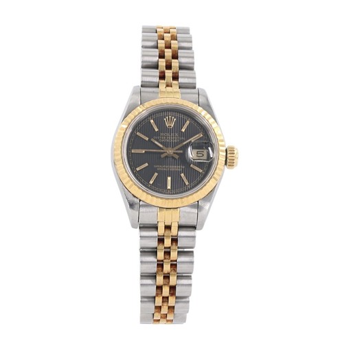 ROLEX 69173 Datejust Tapestry Black Dial 18K Gold 28 MM Womens Watch (FPP009547)