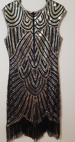 Roaring 20's Style Holiday Dress Medium Black Gold Pailletten Perlen Fransen Reißverschluss - Bild 2 von 10