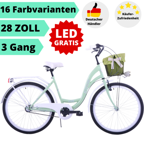 Bicicletta donna 28 pollici 3 marce ruota donna 16 colori cesto luce city bike cesto in metallo - Foto 1 di 48