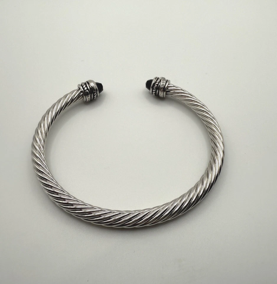 David Yurman pulseira de punho de cabo de diamante e ônix preto, prata esterlina 7mm - Imagem 2 de 4