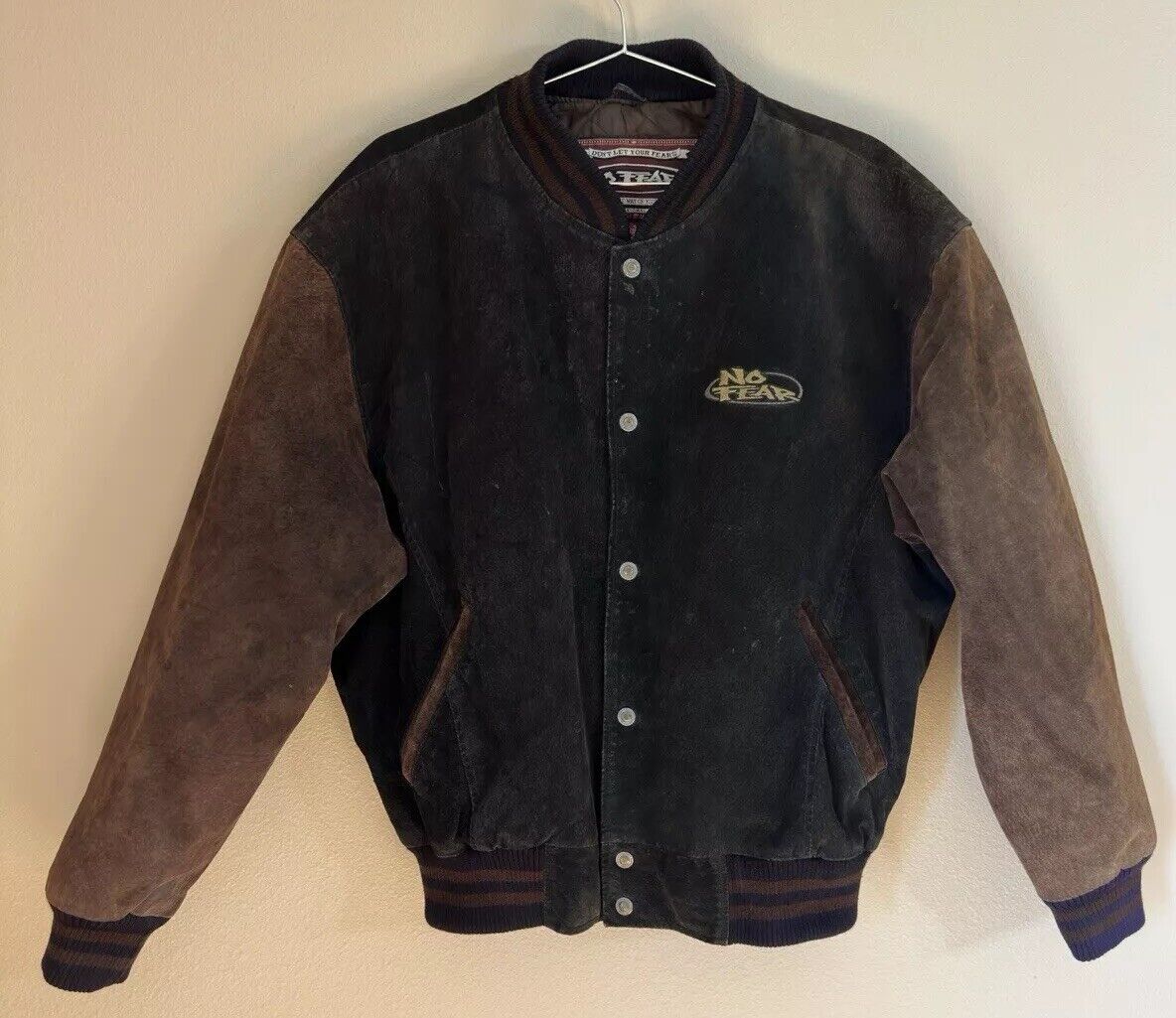 No Fear Vintage 1990's Black Leather Bomber Jacket Mens Size No Fear Vintage 1990's Black Leather Bomber Jacket Mens Size