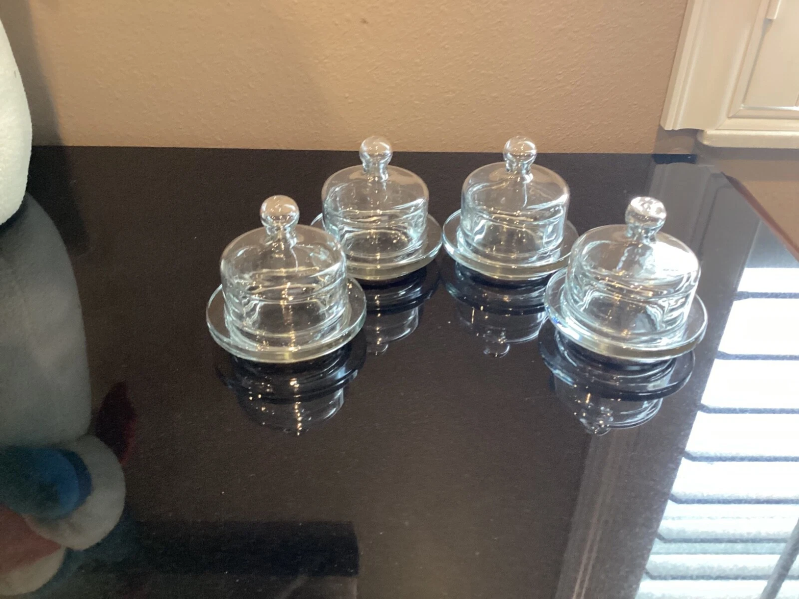 4 Individual Butter Dish Round Dome Covered clear glass