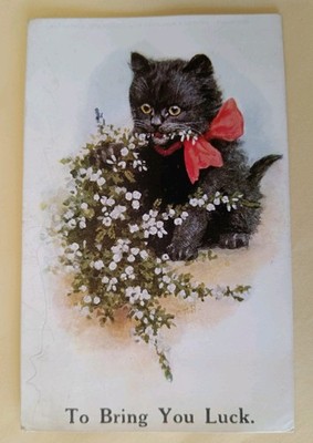 Vintage Katze Postkarte, schwarze Katze, Go Bring You Luck, Künstler C T Howard