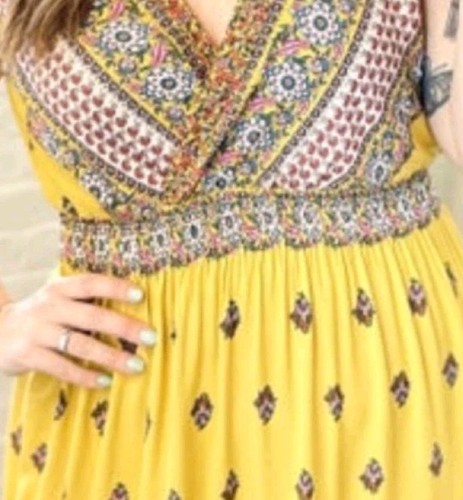 Ces Femme Dress Size L Maxi Boho Festival Yellow Crossover V Neck Front Floral - Picture 3 of 10