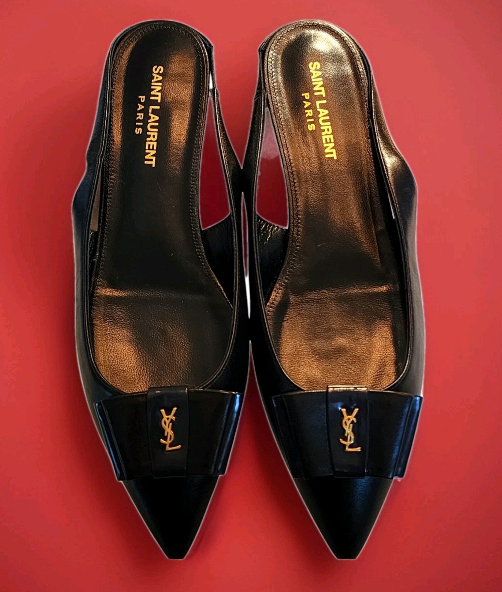Saint Laurent Ballerine Slingback Anais Nero Fiocco Oro Cassendre EU 38.5 US8.5 YSL
