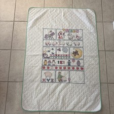 Vintage Baby Quilt Hand Cross Stitched Multicolor Designs on White Green Border