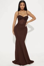 Brown Beaded Corset Bodycon Maxi Dress Sleeveless Sweetheart Neck