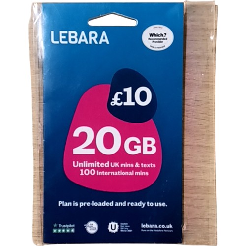 Carte SIM LEBARA 10 £ 20 Go Royaume-Uni textes illimités et minutes 100 minutes intl