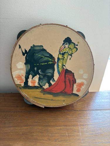 Small Spanish Tambourine Hand Painted Matador Vintage 1960s Wall Art Decorative