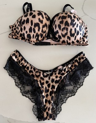 Victoria s Secret VERY SEXY Leopard Satin Push-Up Bra & Panty Set 38C/Medium NWT