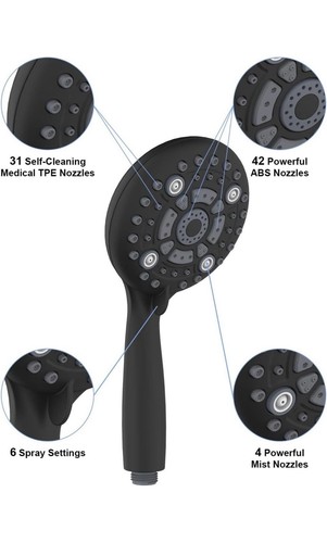 6-Mode Handheld Shower Head, 4.8 Inches High Pressure, 1.8 GPM, 1.8 Meter/70.... - Picture 2 of 7