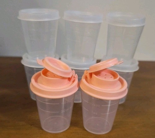 New Tupperware 6 mini tuppers Clear + 2 Salt/ Pepper Shakers Peach Color 2 Oz - Picture 1 of 4
