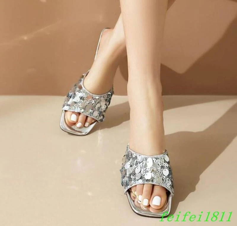 Moda Para mujeres Puntera Abierta Tacones Bajos Lentejuelas Zapatilla Fiesta Informal Vestido Club Mules Foto 3 de 4