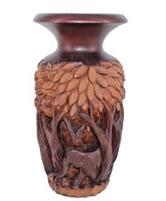 Vintage Mid-Century Hand Carved High Relief Wood Vase Elephants Made in Thailand