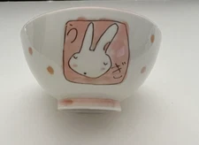 Japanese Chawan Rice Bowl White & Orange Rabbit & Dot Ceramic Mino Ware