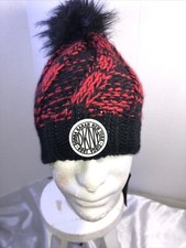 DKNY Hat Beanie Chunky Red /Black Faux Fur Ball Woman s Winter Accessory Size0SM