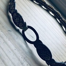 Vintage 1970s Silver Metal engraved oval plaque beaded Stretch Concho Belt 38"L