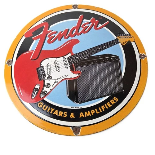 Vintage Fender Sign - Music Guitars Amplifiers Porcelain Advertisement Sign