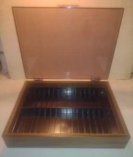 Vintage 32 Slot Cassette Storage Holder, Wood With Plastic Lid And Metal Hinges