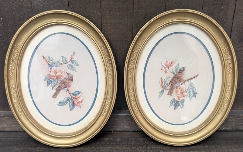 Vtg Homco Home Interior Birds Grannycore "Gold" Guild Oval Frame Pictures Set 2