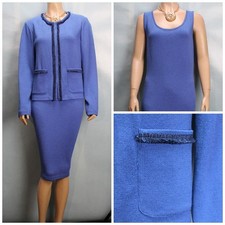 St. John Collection Knits Blue Jacket Dress L Size 10 12 2pc Suit Fringe Pockets