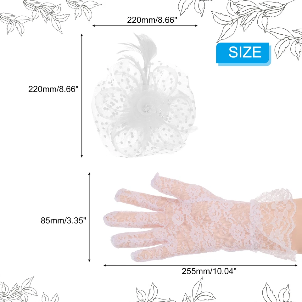 Fascinators Sombrero Clip Set con Pinza para el Pelo y Guantes Cortos de Encaje Floral Blanco Foto 2 de 4