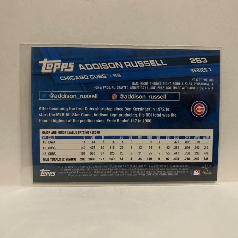 #263 Addison Russell Chicago Cubs 2017 Topps Series 1 Baseball Card IQ - Image 2 of 2