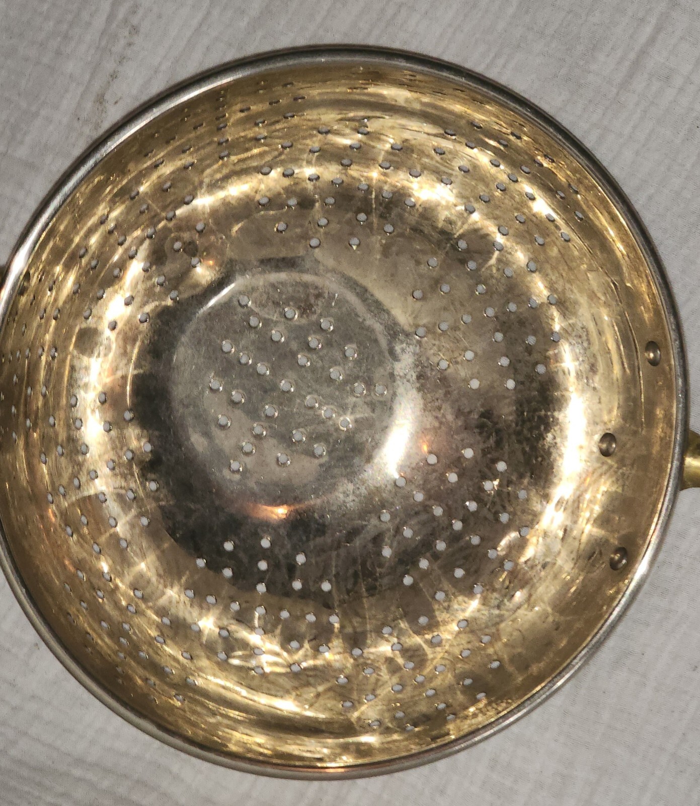 VINTAGE COPPER STRAINER COLANDER SOFTER WITH BRASS & WOOD HANDLE