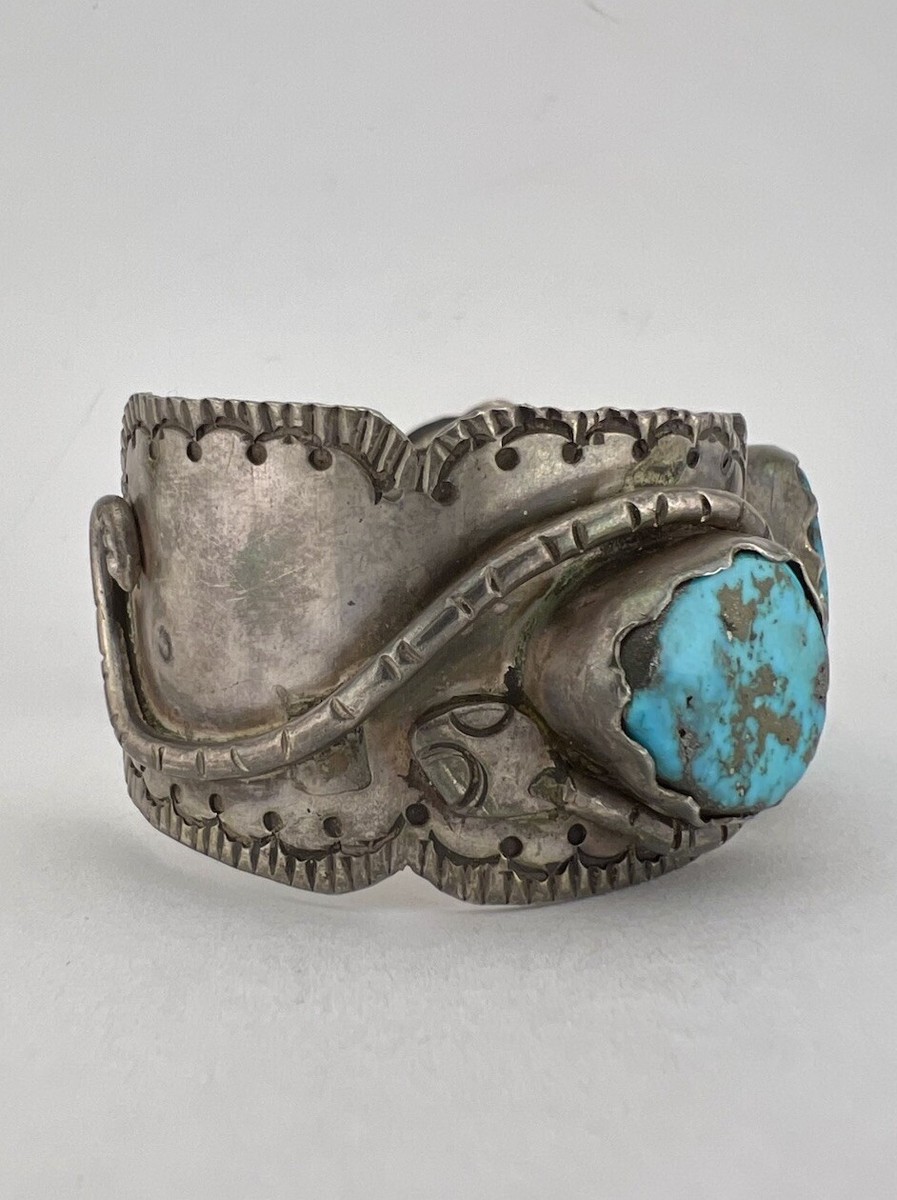 Early 1930's Navajo Coin Silver Morenci Turquoise Stamped