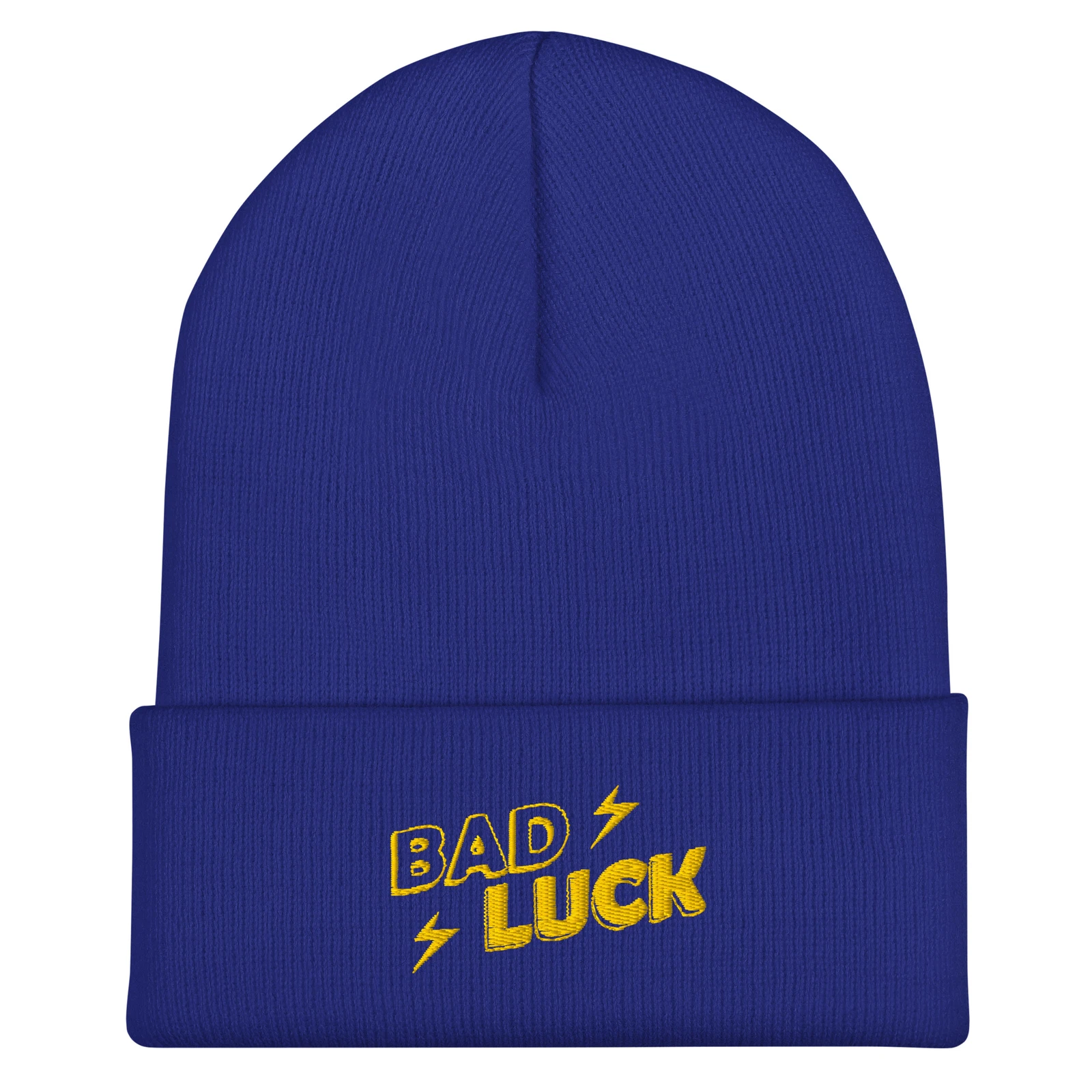 Unisex Adult Yellow Embroidered Bad Luck Beanie w/ Lightning Bolts Winter Hat