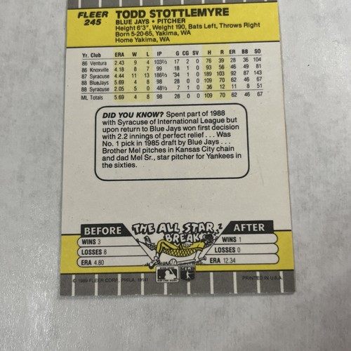 1989 Fleer Baseball Card Todd Stottlemyre Toronto Blue Jays #245 Vtg Pitcher RC - Picture 10 of 10