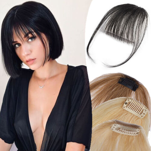 100% Thin Neat Air Bangs Remy Hair Extensions Clip in on Fringe Front Hairpiece - Picture 1 of 26