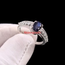 Lab Grown Sapphire Gemstone With 18k White Gold Plated Silver Women Ring #576